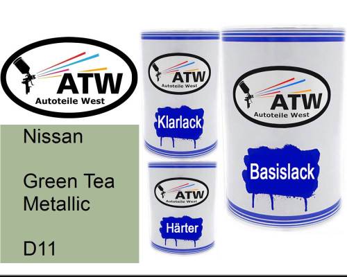 Nissan, Green Tea Metallic, D11: 500ml Lackdose + 500ml Klarlack + 250ml Härter - Set, von ATW Autoteile West.